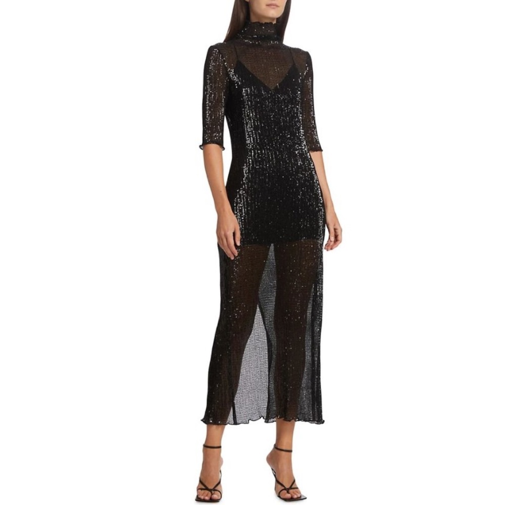 Rosetta Getty Sequined Mesh Midi Maxi Dress (Sz M) Mock Neck Black